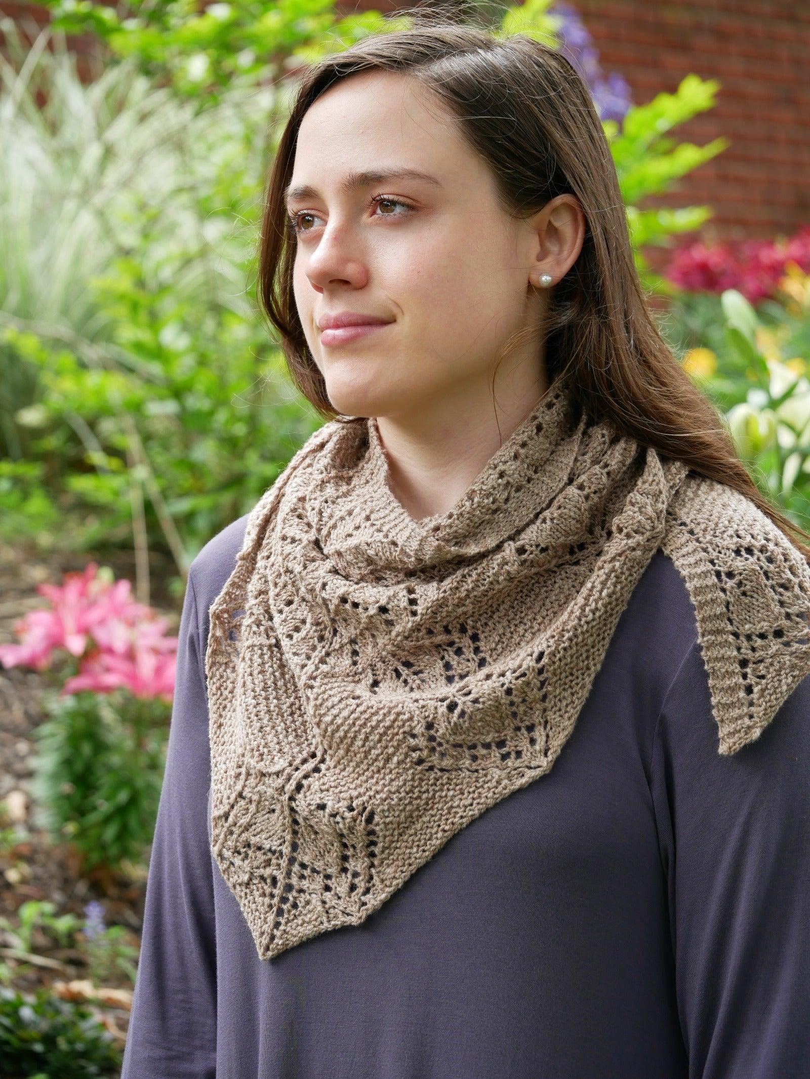 Gray Garden Shawl by Anne Hason worn as a cowl/scarf