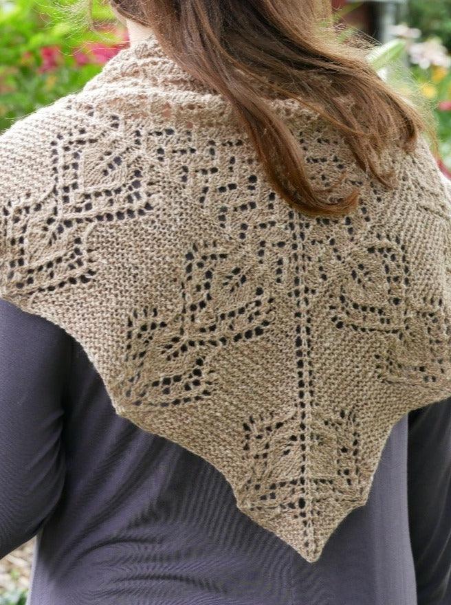 back of gray garden knit shawl